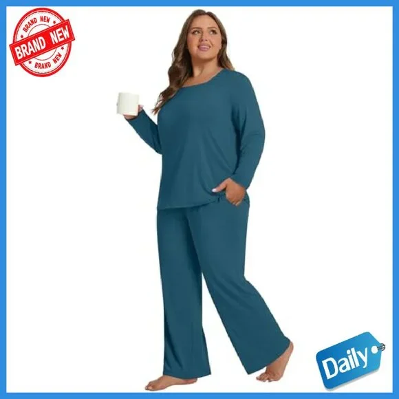 Plus Size Long Sleeve Pajama Set with Pockets, Rayon Spandex - Picture 3 of 8
